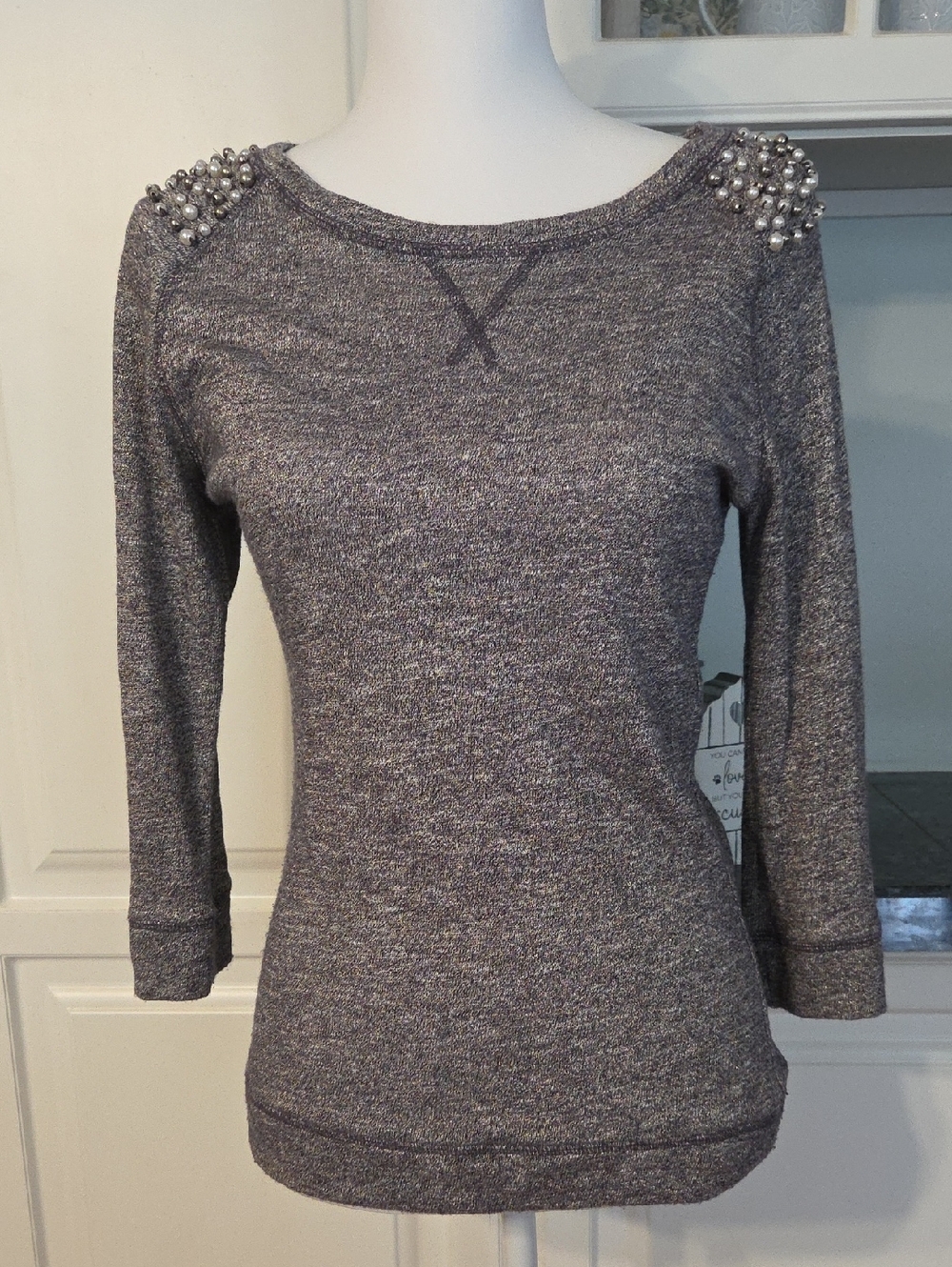 INC International Concepts Blue/Gold Pearl-Embellished Knit Top Size M